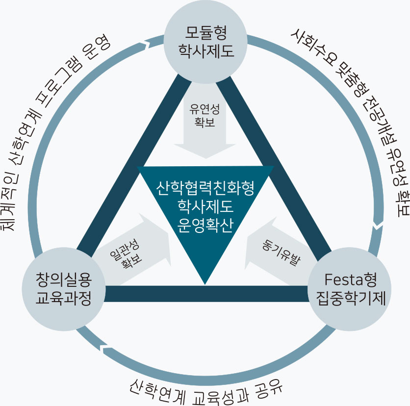 모듈형 학사제도(유연성 확보) + 창의실용교육과정(일관성 확보) + Festa형 집중학기제 → 산학협력친화형 학사제도 운영확산. 쳊계적인 산학연계 프로그램 운영, 사회수요 맞춤형 전공개설 유연성 확보, 산학연계 교육성과 공유 